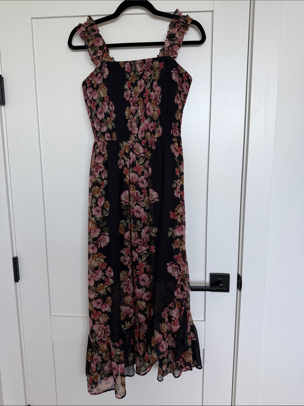 Maurices Black Maxi Dress with Pink Rose Floral Print